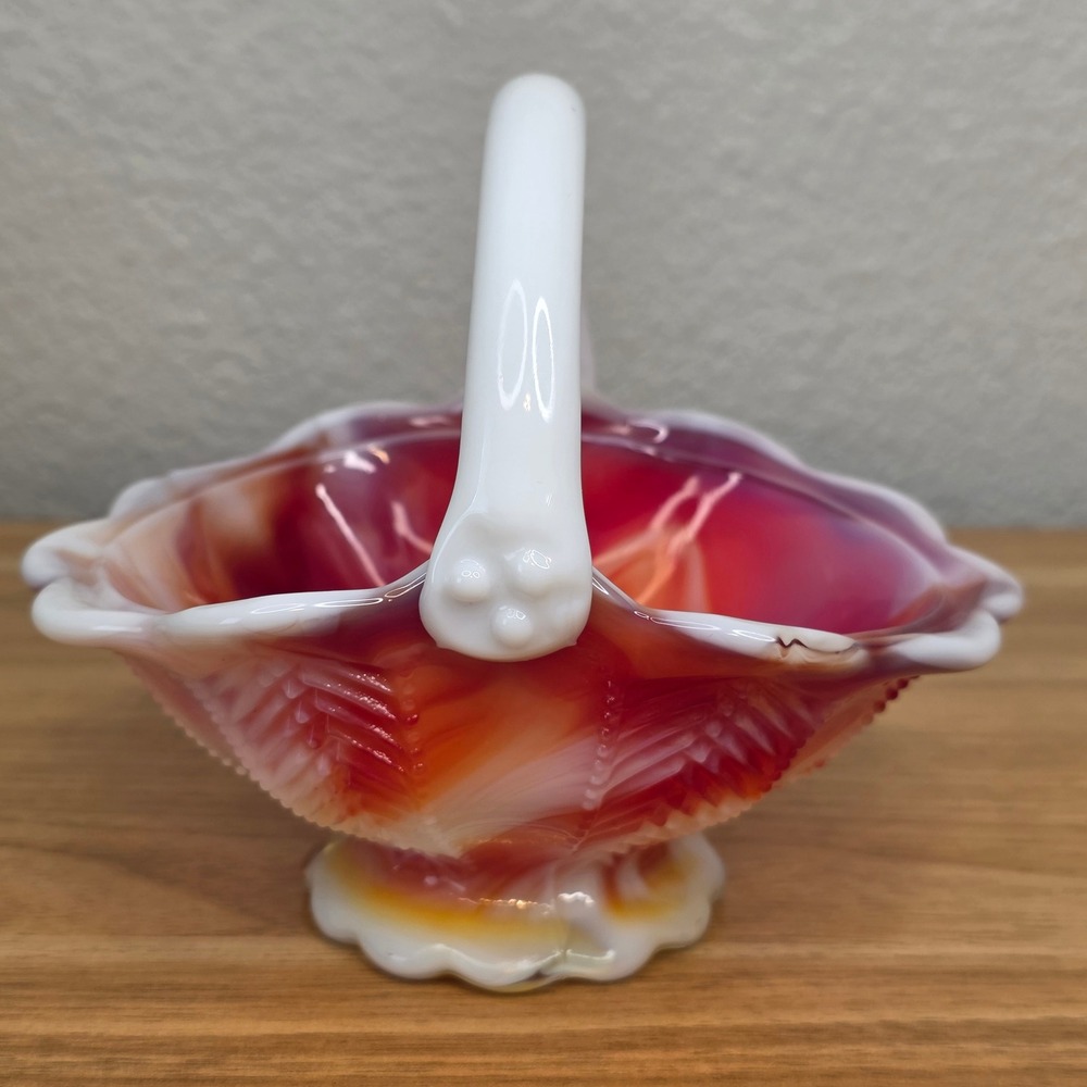 Vintage Imperial Glass End O' Day Ruby Slag Art Glass Basket Cadmium Glow w/ Tag